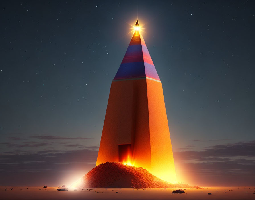 Pyramid with star atop, lava flow, vehicles in twilight sky