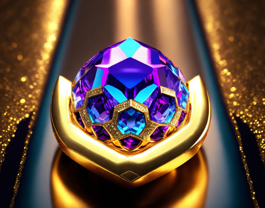 Radiant Purple Gemstone in Golden Holder on Blue and Gold Backdrop