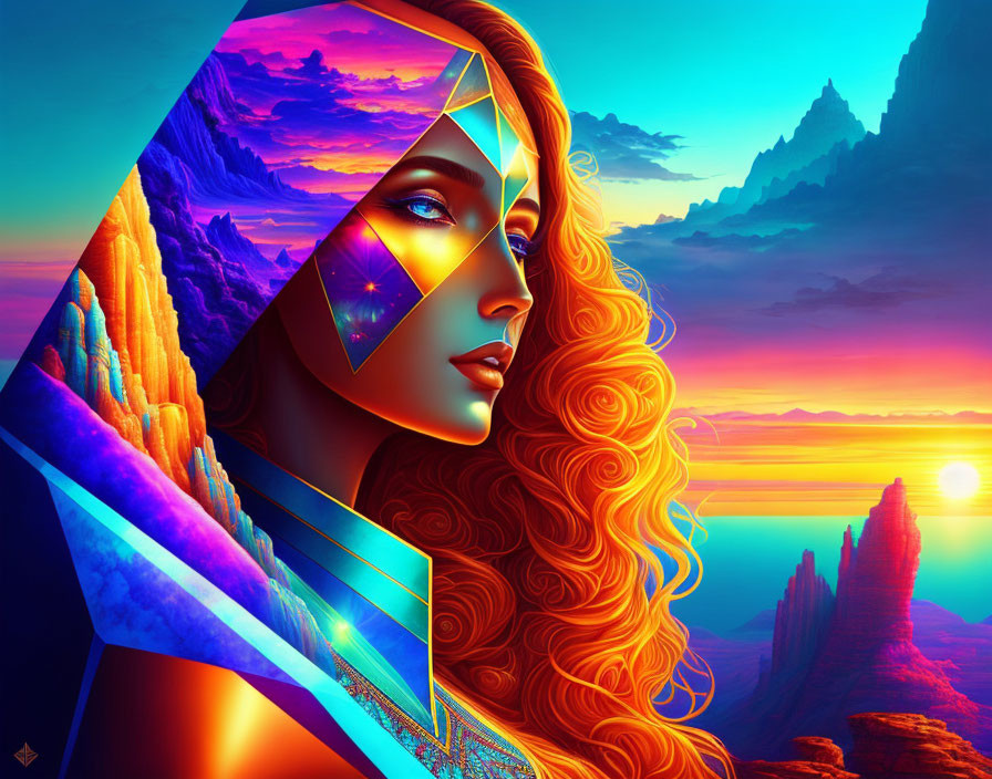 Colorful digital artwork of woman with red hair and cosmic visor against sunset.