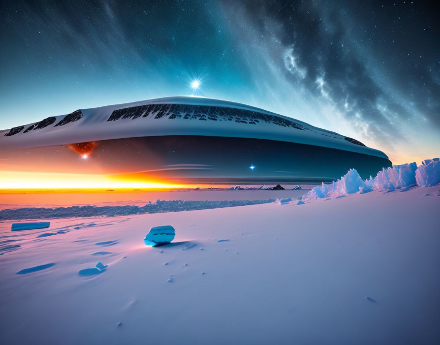 Massive spaceship-like structure in snowy Antarctic landscape at sunset