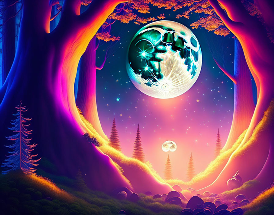 Fantasy landscape with glowing trees, moon, stars, and planet in purple and pink sky