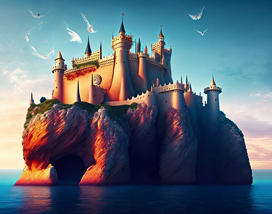 Majestic castle on rugged cliff by serene ocean at dusk