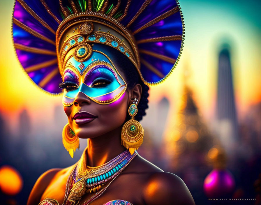 Woman with Striking Makeup and Ornate Headdress in Colorful Cityscape