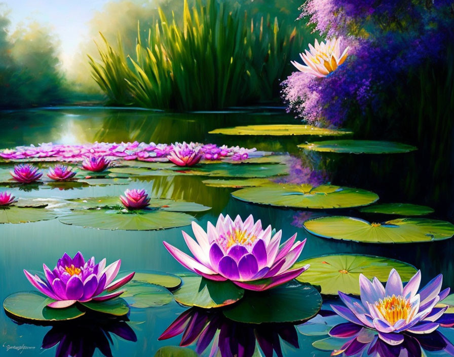 Colorful Lotus Flower Painting on Calm Pond