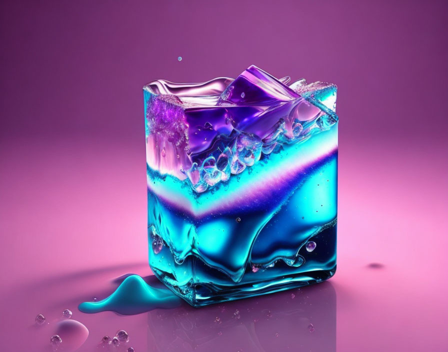 Colorful 3D rendering of melting ice cube with purple and blue liquid splashing on pink background