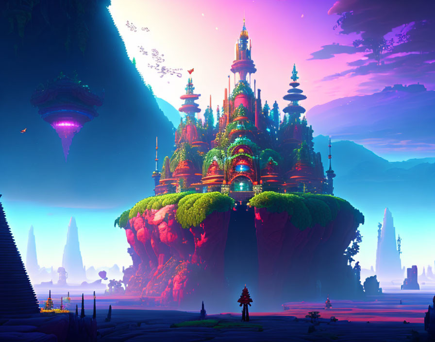 Floating Island with Ornate Towers in Purple Landscape