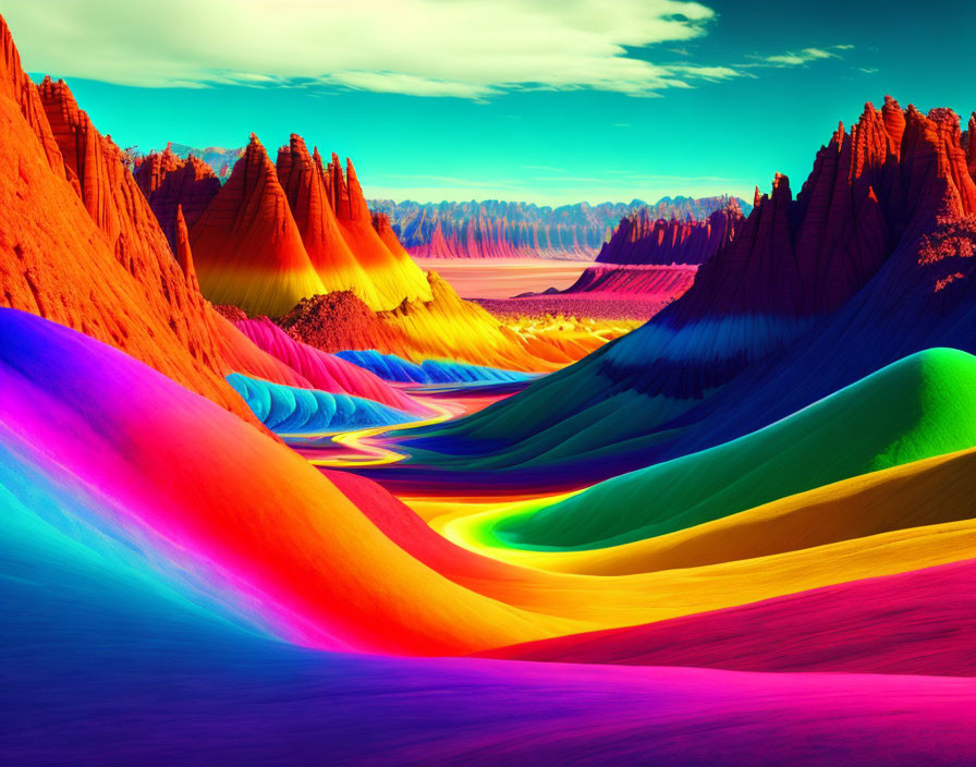 Colorful Surreal Landscape with Rolling Hills and Blue Sky