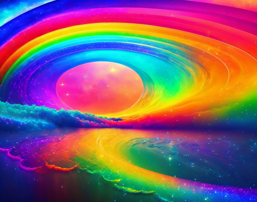 Colorful surreal landscape with rainbow wave and spiral galaxy over reflective water