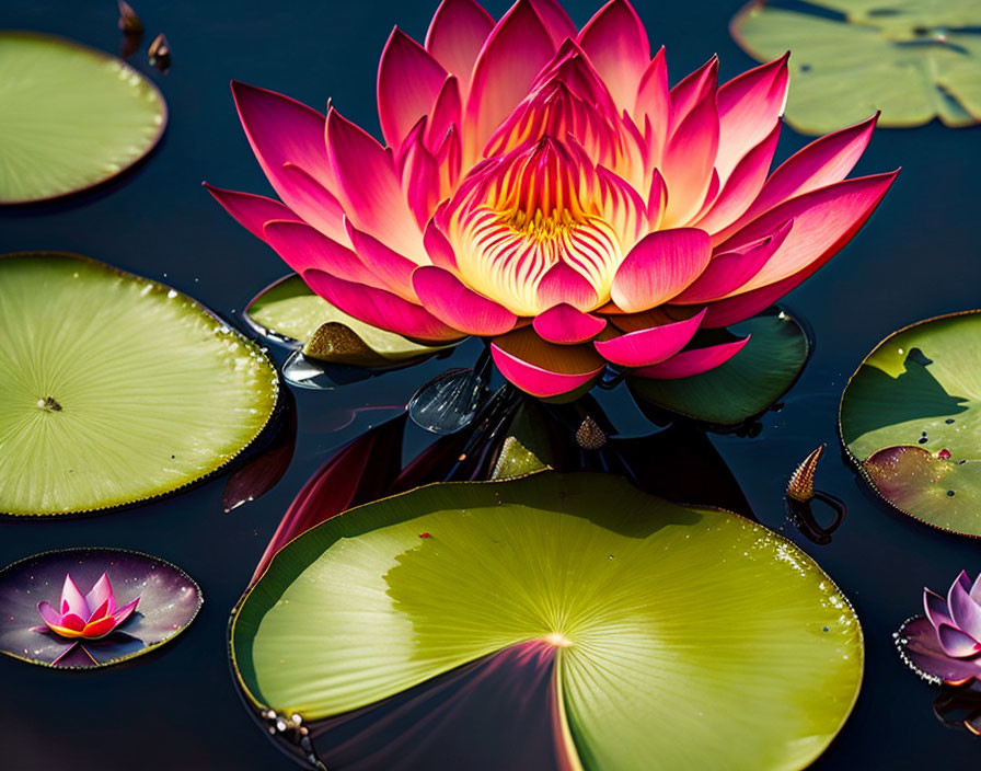 Pink Lotus Flower Blooming Above Water with Lily Pads