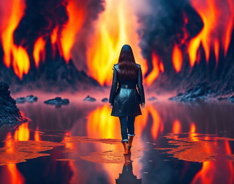 Long-haired woman in fiery landscape with reflective water.