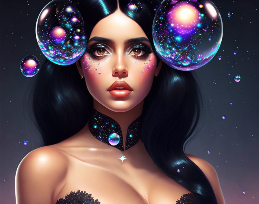 Dark-haired woman with cosmic makeup in galaxy-themed illustration
