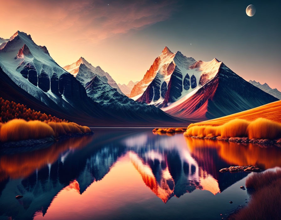 Scenic sunset landscape: snow-capped mountains, lake reflection, starry sky.