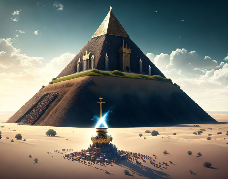 Surreal pyramid with church top in desert with glowing cross, rocks, and skulls