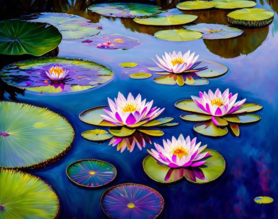 Vibrant pond with purple and pink water lilies and green lily pads