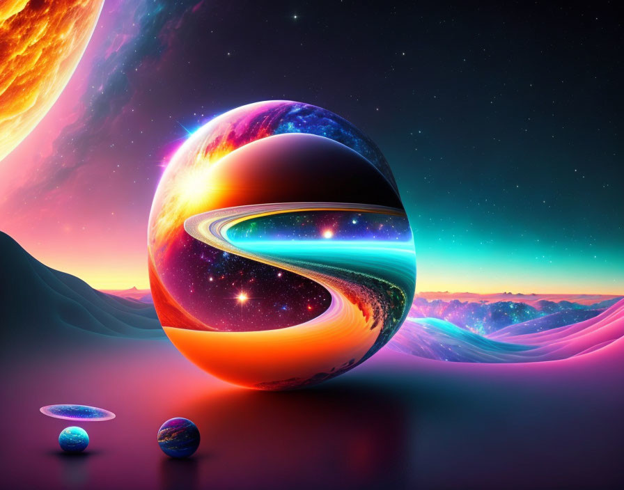 Colorful Planets and Glowing Ring in Otherworldly Landscape