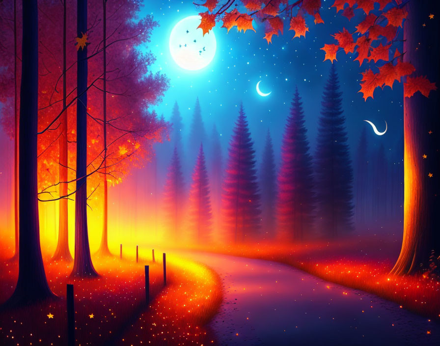 Fantasy landscape at night with full moon and glowing foliage