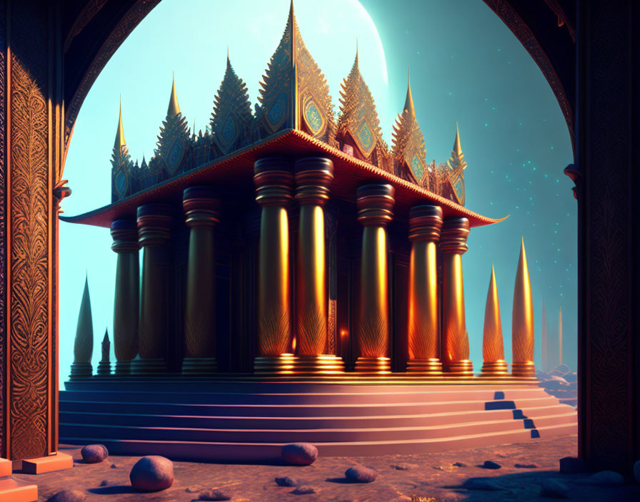 Digital art: Temple with ornate pillars and spires under warm light against starry sky