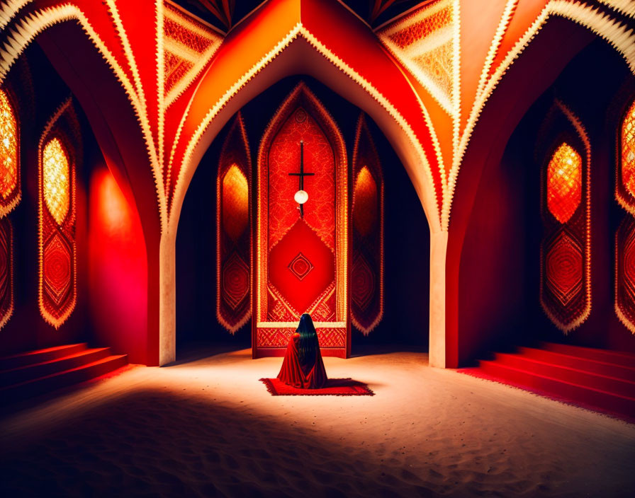 Person in Blue Cloak in Vibrantly Lit Ornate Corridor