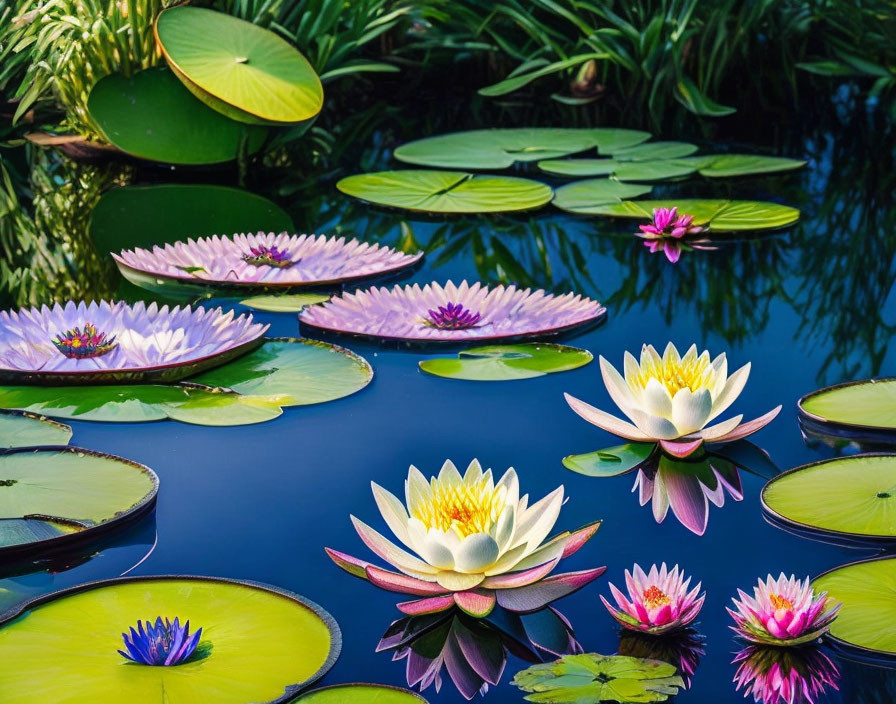 Colorful pink and purple water lilies on calm pond with green pads