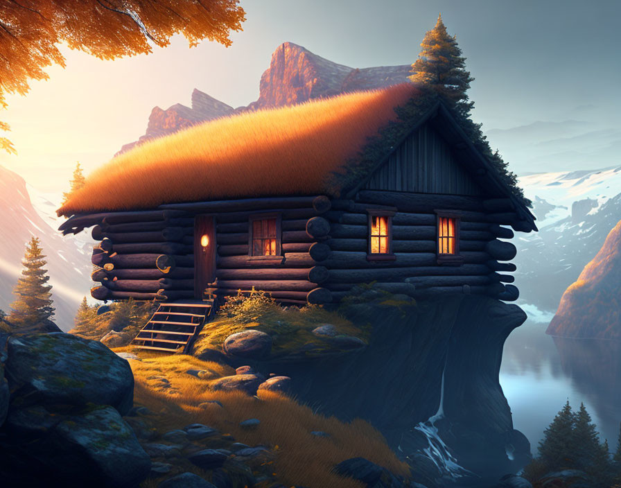 Rustic wooden cabin with thatched roof by serene lake at twilight