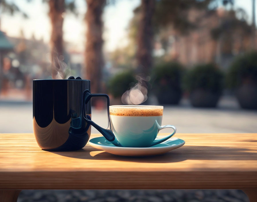 Coffee cup and camera on wooden surface in outdoor photography setting