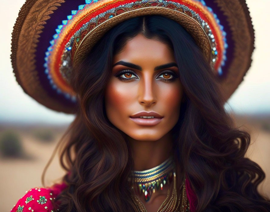 Striking makeup and voluminous hair with sombrero and beaded necklaces