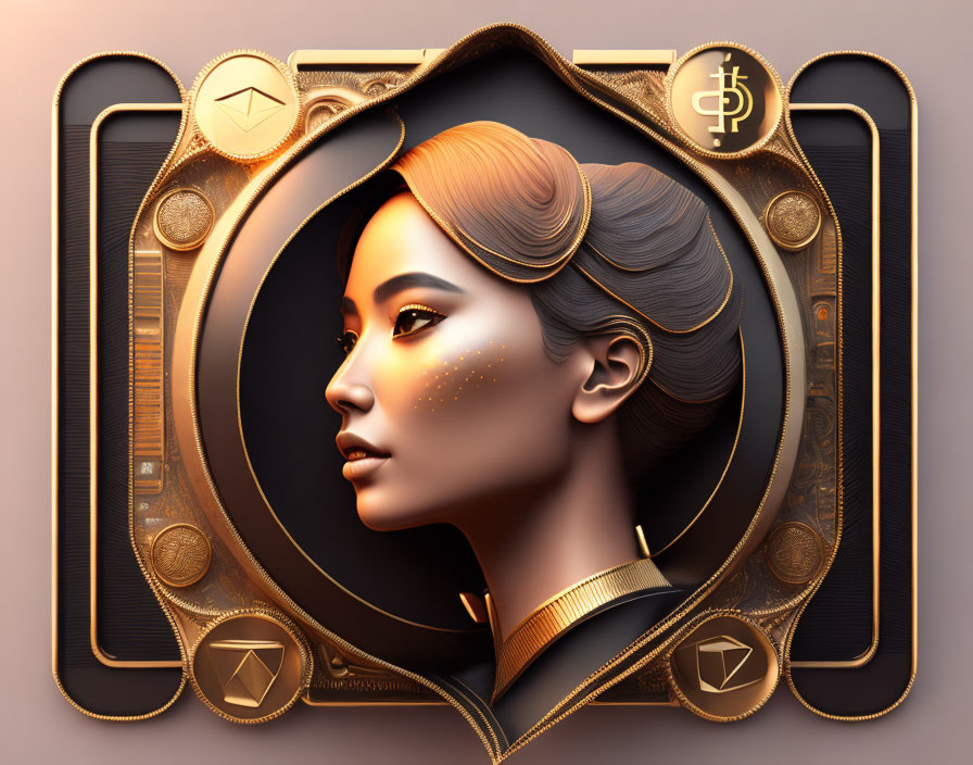 Stylized portrait of woman with golden accents in circular frame with cryptocurrency symbols on textured background