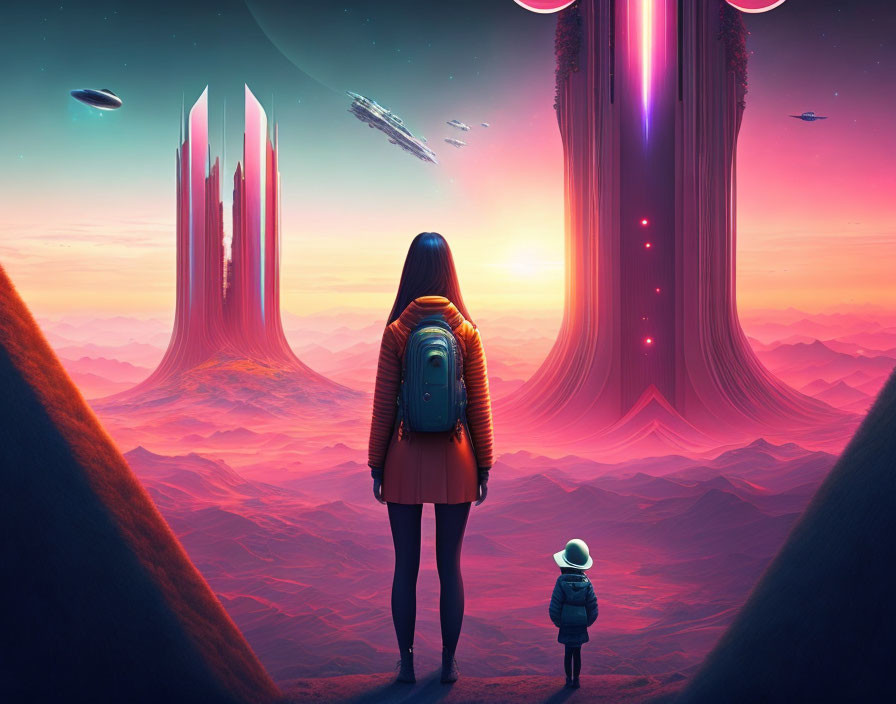 Woman and child on alien world with towering structures and flying ships at sunset