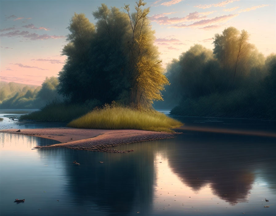 Tranquil dawn river scene with small islet, lush greenery, calm water reflections, and