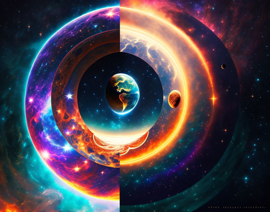 Colorful digital artwork: Earth centered in cosmic rings and nebulae