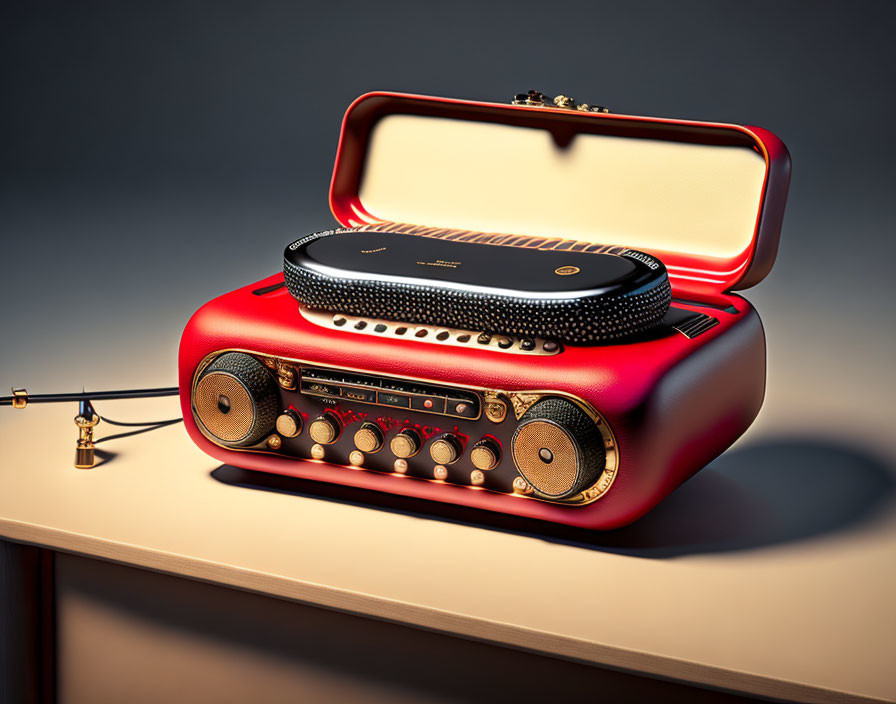Vintage Red Suitcase Turntable with Built-In Speakers and Vinyl Record on Wooden Table