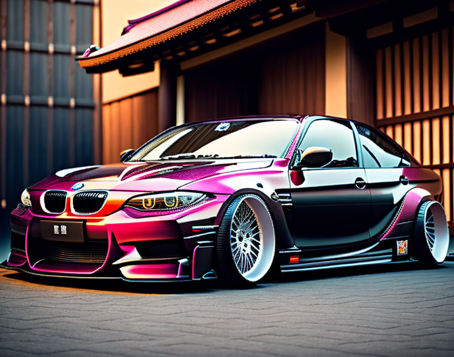 Customized BMW car with pink and purple wrap, aftermarket wheels, lowered body, parked in front of