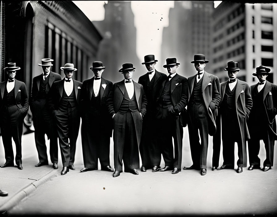 Vintage black and white photo of men in suits and hats on city street