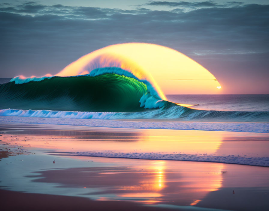 Colorful wave cresting at sunset with rainbow mist on wet beach sand