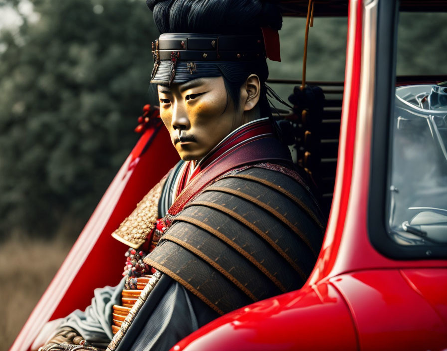 Traditional East Asian armor next to red vehicle in modern setting