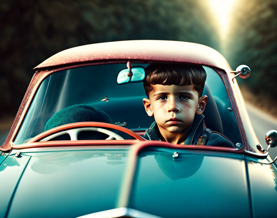 Serious child in vintage car with sun flare