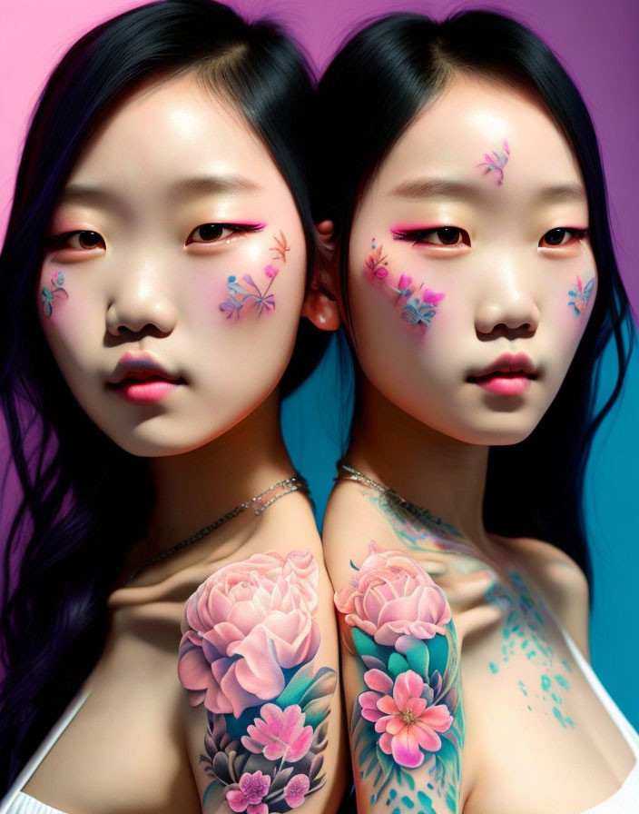 Vibrant floral makeup and matching tattoos on two individuals against gradient backdrop