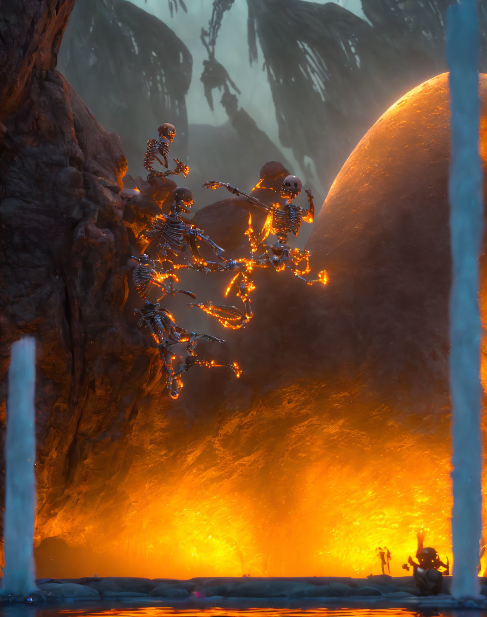 Burning skeletons in fiery descent through eerie cavern landscape