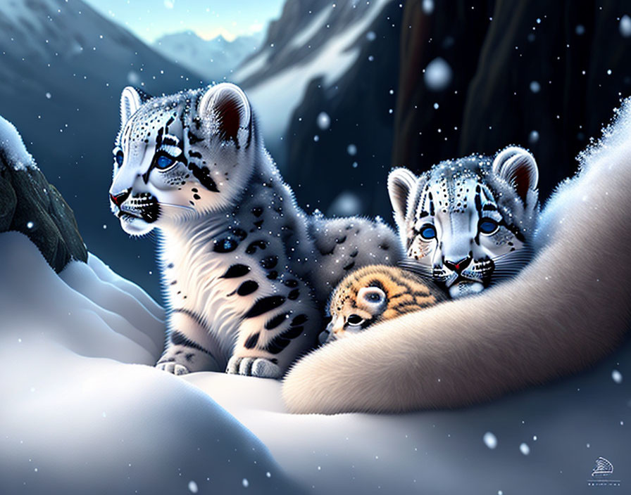 Three snow leopard cubs in snowy mountain landscape