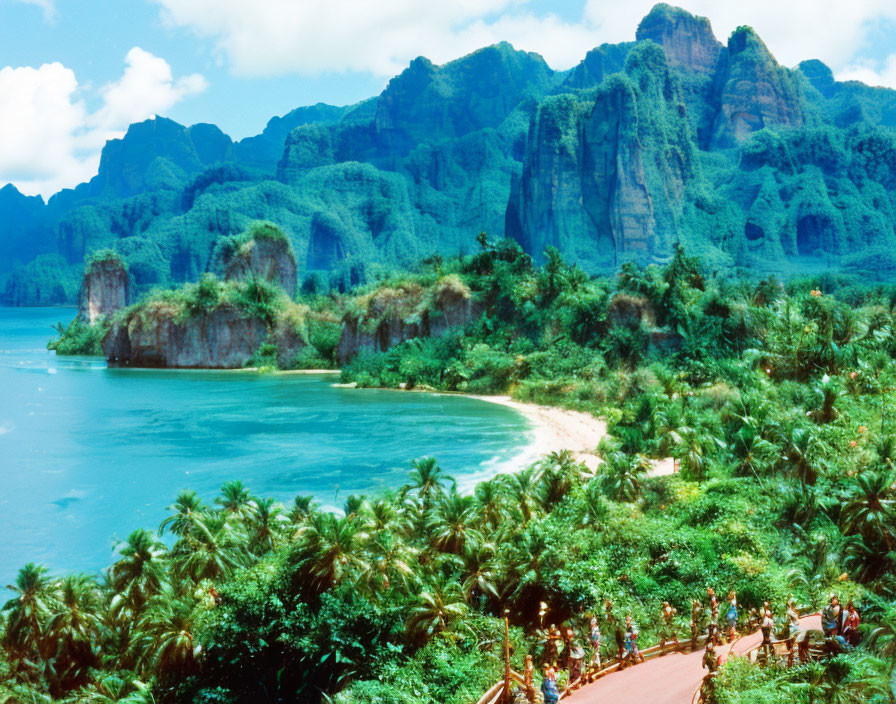 Tropical Island with Towering Cliffs and Sandy Beach