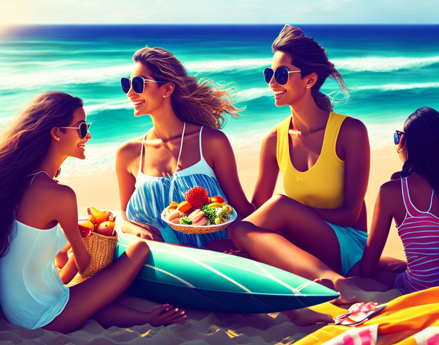 Four women on beach with fruit basket, sunglasses, and ocean waves