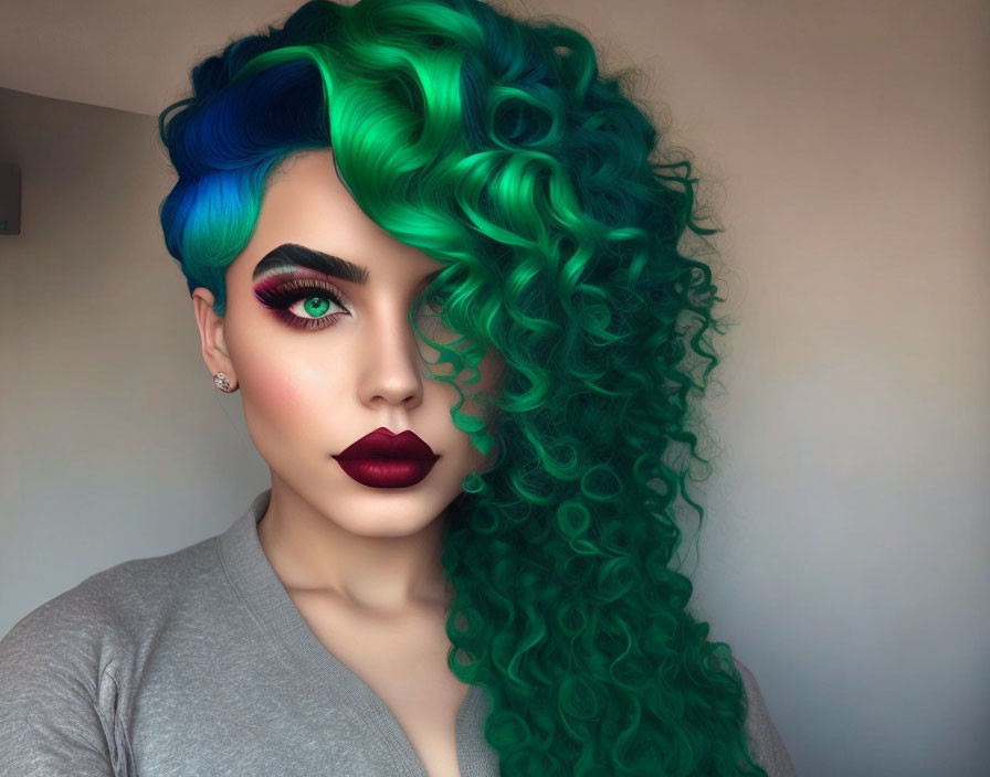 Vibrant blue and green curly hair woman with red lipstick and dramatic eye makeup.