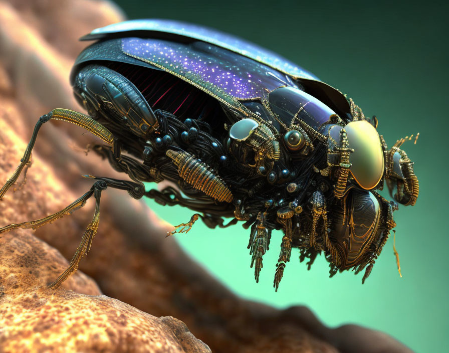 Detailed Digital Artwork: Mechanical Beetle on Rocky Surface