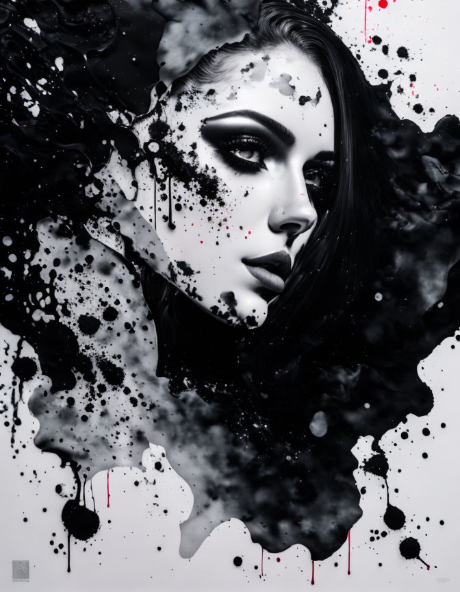 Monochromatic portrait of woman with dramatic makeup and abstract ink splatters