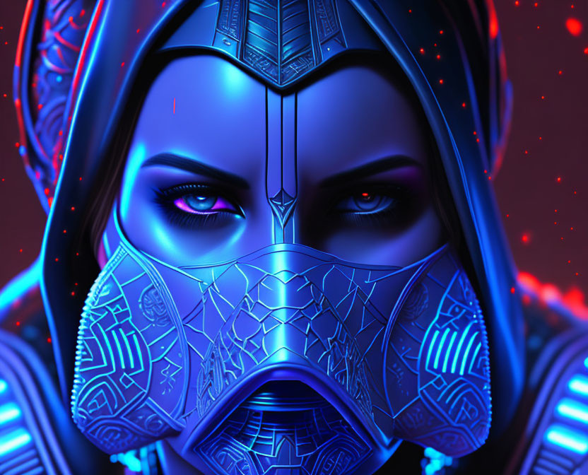 Detailed blue cybernetic armor on futuristic warrior's face