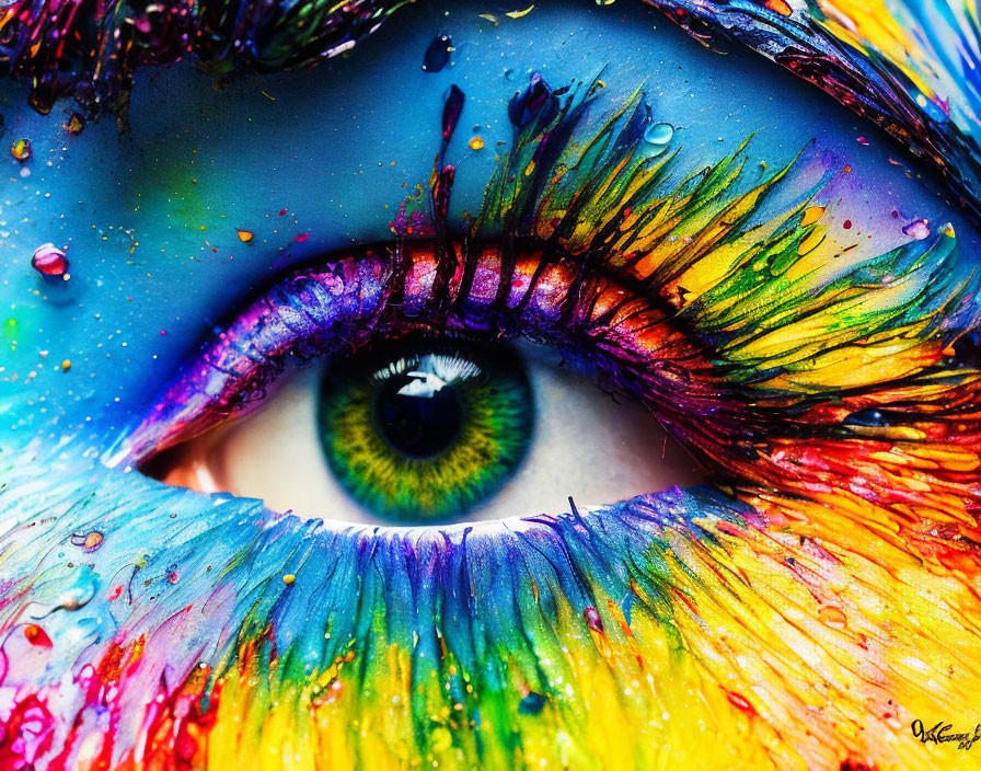 Close-up of vibrant eye with multicolored paint-splattered makeup