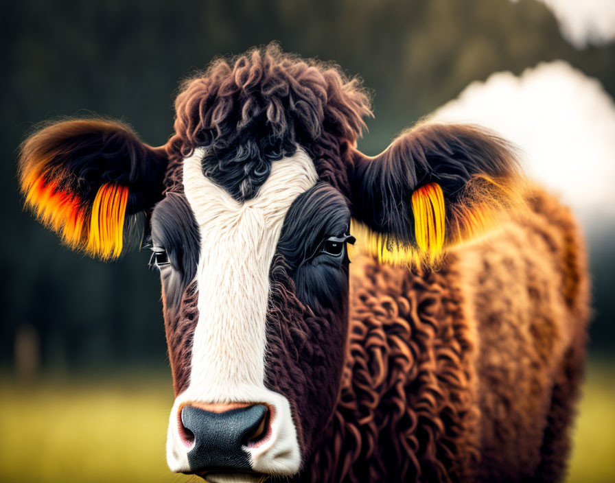 Brown and White Cow with Fluffy Ears and Curly Fur Coat Close-Up