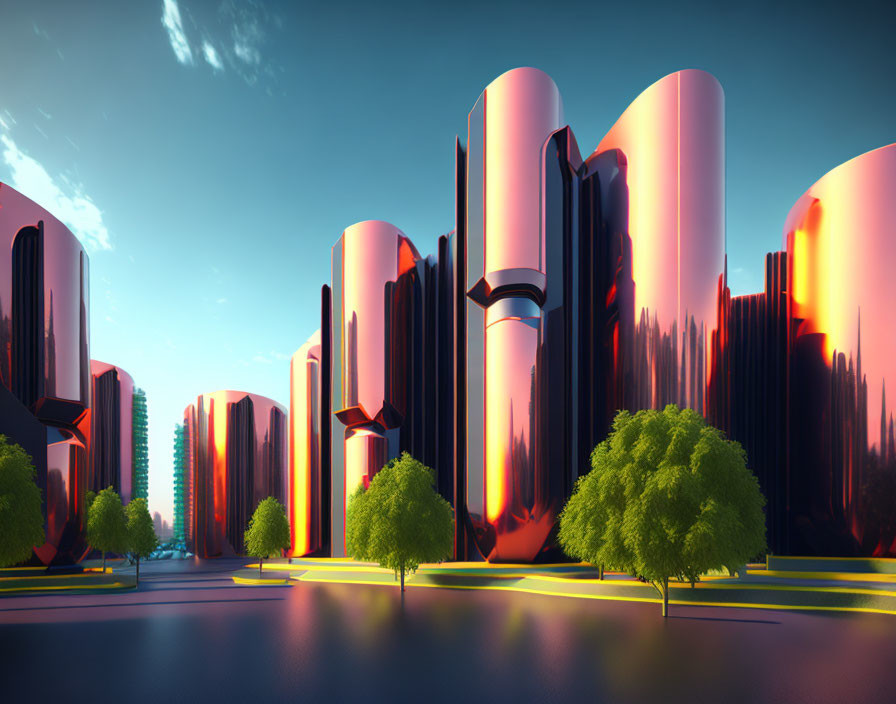 Futuristic cityscape featuring towering cylindrical buildings and greenery with striking light and shadow contrast.