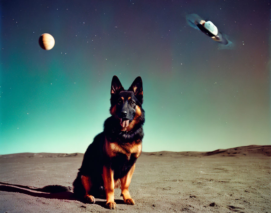 German Shepherd under starlit night with UFO and planet in sky