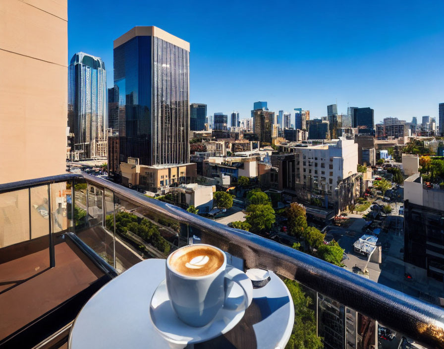 City skyline backdrop for coffee cup on balcony railing